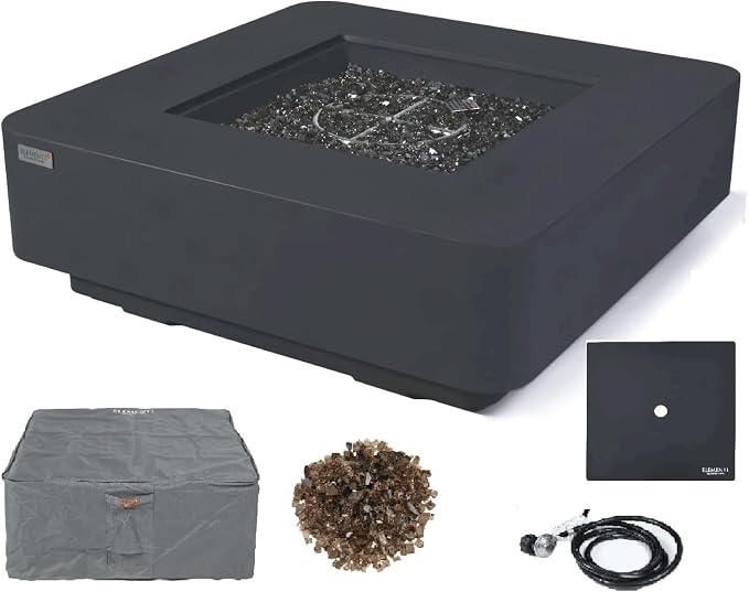 Elementi+ | Bergamo Gas Fire Pit Cast Concrete 42" Square Fire Table, Outdoor by AMSFireplaceInc