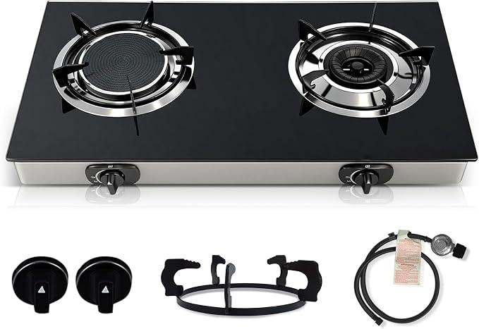 2 Burner Propane Gas Stove, 20472 BTU/h Portable Tempered Glass Camping Stove by Unknown
