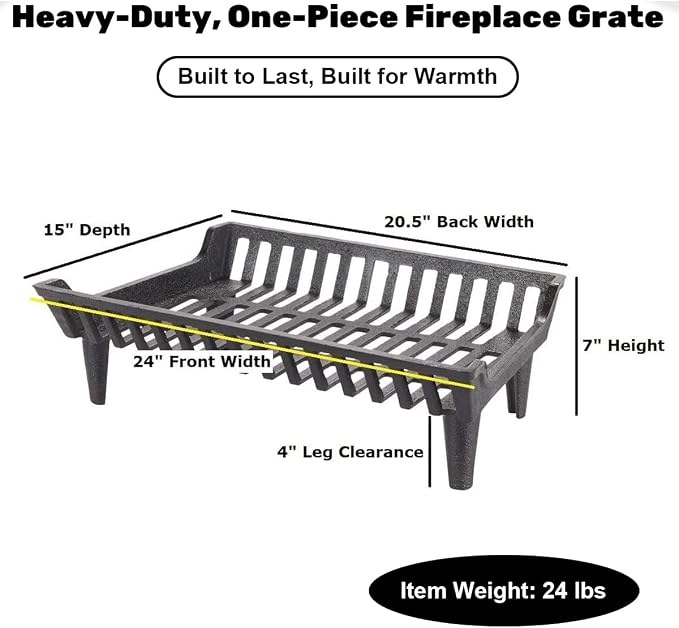 24 inch Fireplace Grate Heavy Duty, Cast Iron Fire Grate - Image 2