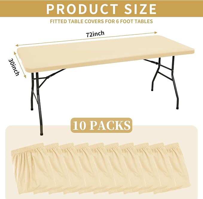 10 Pack Fitted Tablecloth for 6 Foot Rectangle Tables, Washable Stretch Folding - Image 2