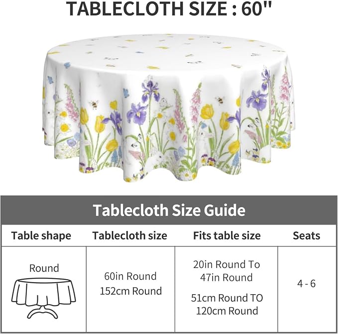 Spring Easter Round Tablecloth 60 Inch, Bunny Colorful Flower Butterfly - Image 4