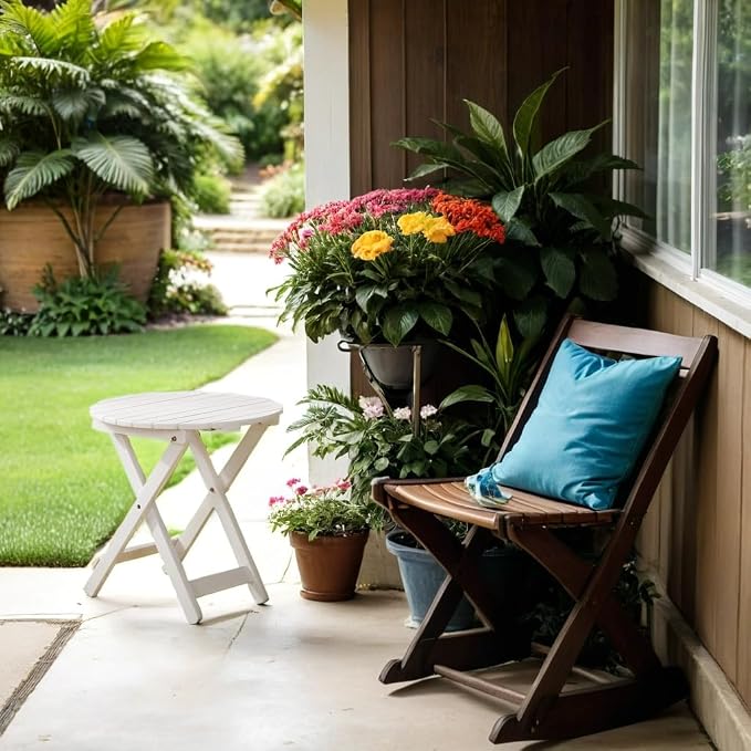 Small Round Folding Side Table Set of 2, Patio Foldable Wooden Outdoor End - Image 4
