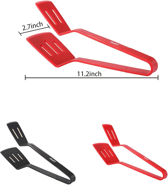 Tongs with Spatula, Silicone-Coated Steel, 11.4 Inch, Red