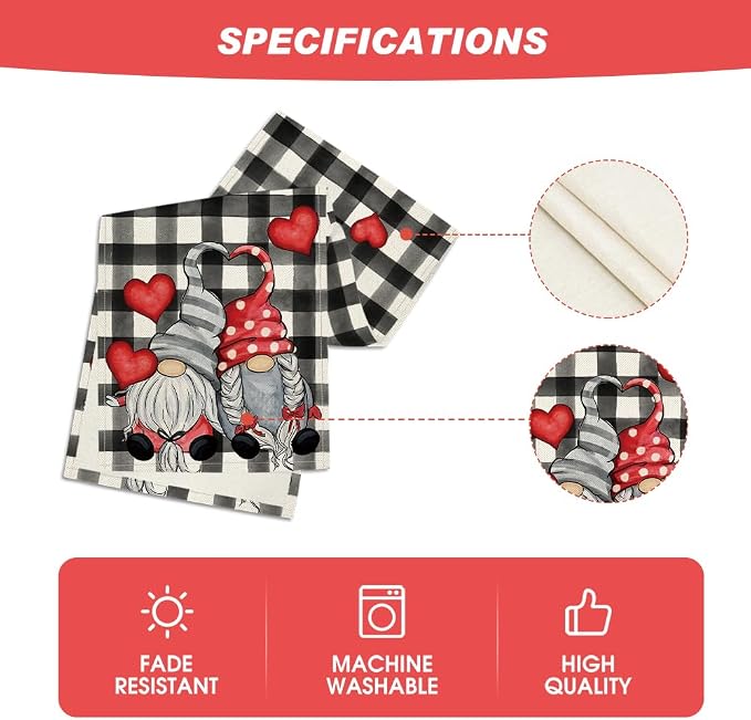 Artoid Mode Watercolor Buffalo Plaid Hearts Gnomes Love Valentine's Table Runner - Image 5