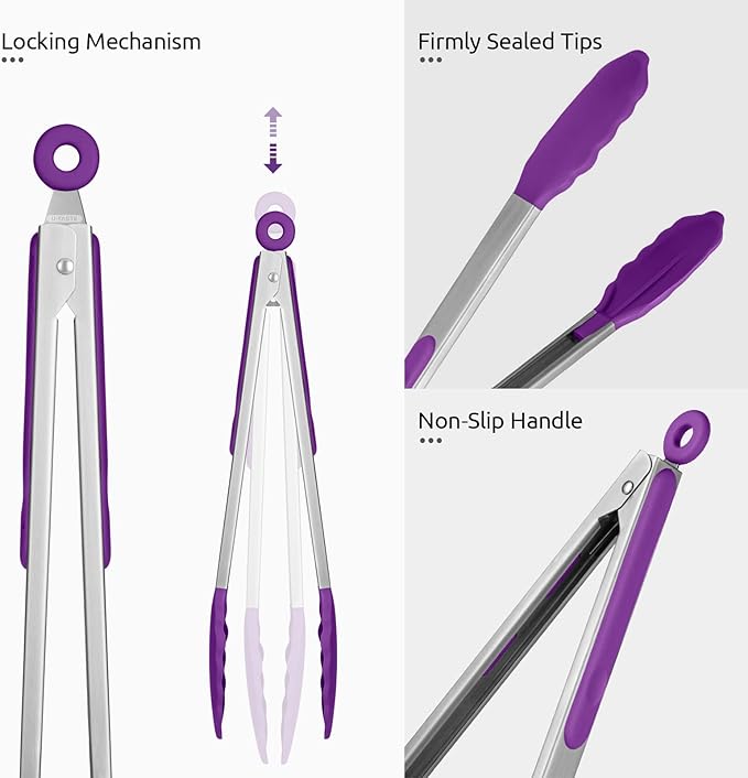 Tongs with Locking Handles and Silicone Tips, Purple 12 Inch