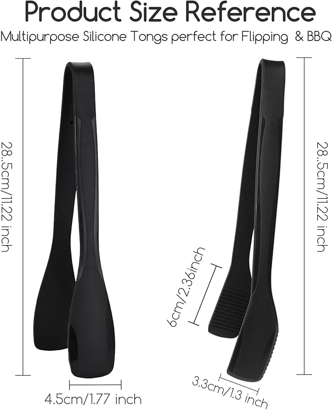 Tongs, 11 Inch Black Silicone Tip Stainless Steel Kitchen Tongs, 2-Pack