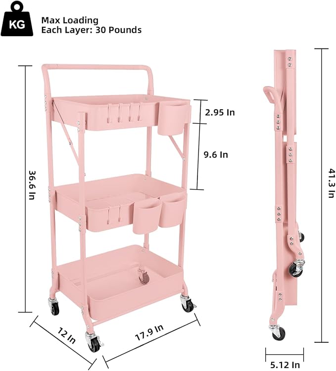 3-Tier Folding Rolling Utility Cart - Image 5