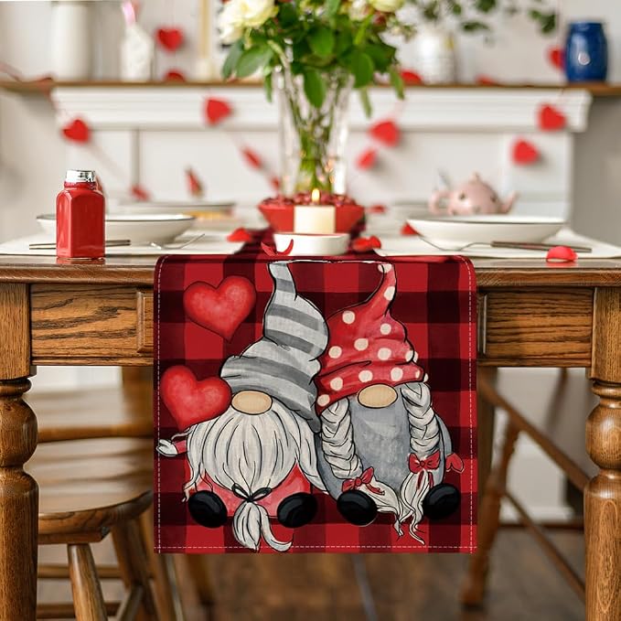 Artoid Mode Red Black Buffalo Plaid Heart Gnomes Love Valentine's Table Runner - Image 2