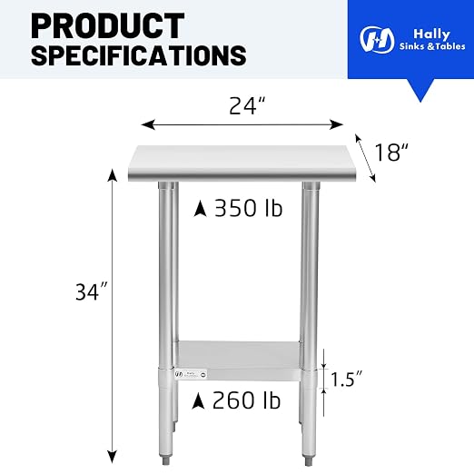 Hally Stainless Steel Table for Prep & Work 18 x 24 Inches, NSF Commercial - Image 3