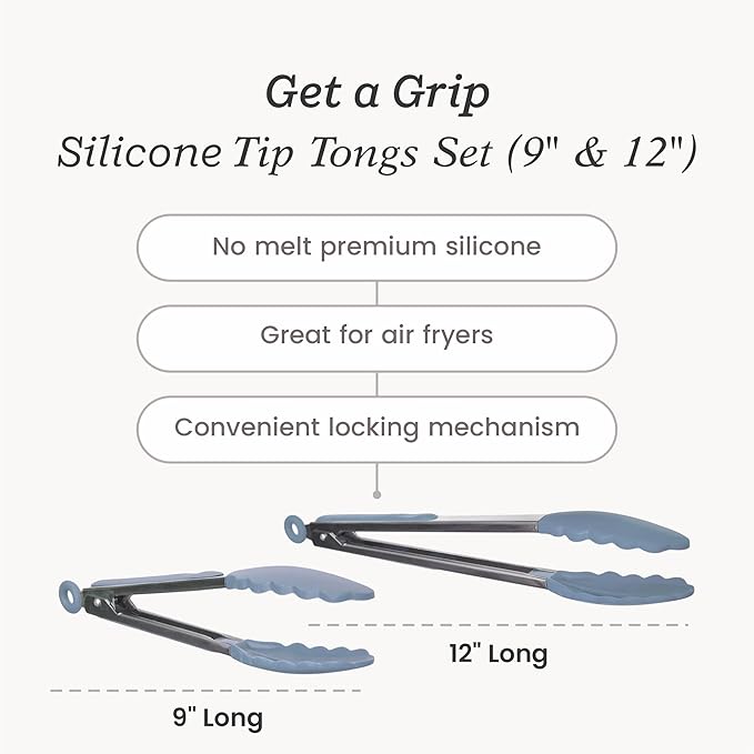 Silicone Tongs 2-Piece Set in Light Blue, 9 and 12 Inch Lengths