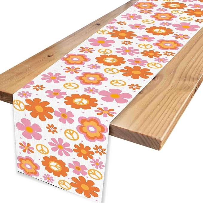 Groovy Floral Table Runner, Retro 70s Hippie Floral Funky Pink Cute Flower - Image 4