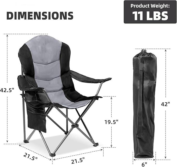 Folding Camping Chairs 2-Pack, Black and Gray, 400 lb Capacity