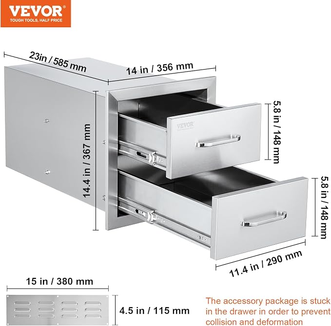 VEVOR Outdoor Kitchen Cabinets 14W x 14.3H x 23D Inch, BBQ Island Drawers - Image 3