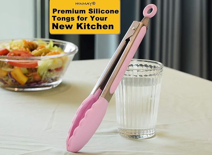 Tongs 3-Pack, 9-Inch Pink Silicone Tips with Stainless Steel Handles