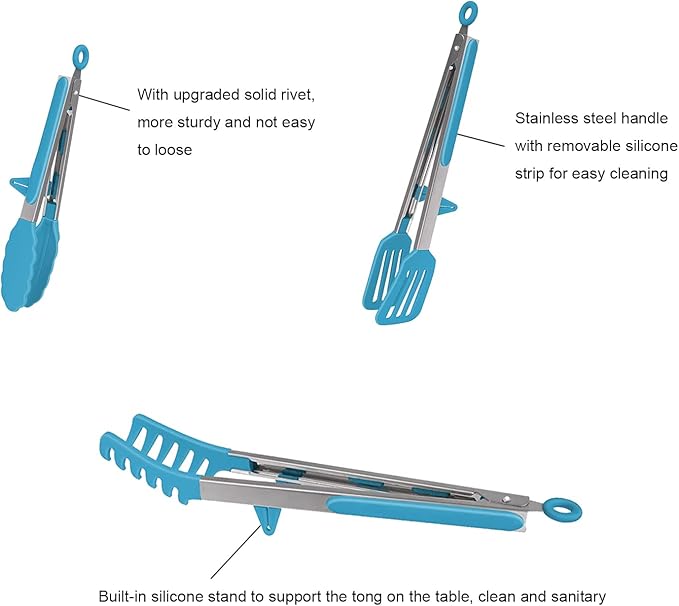 Tongs Set of 4, Blue Silicone and Stainless Steel, 11-Inch and 13.2-Inch