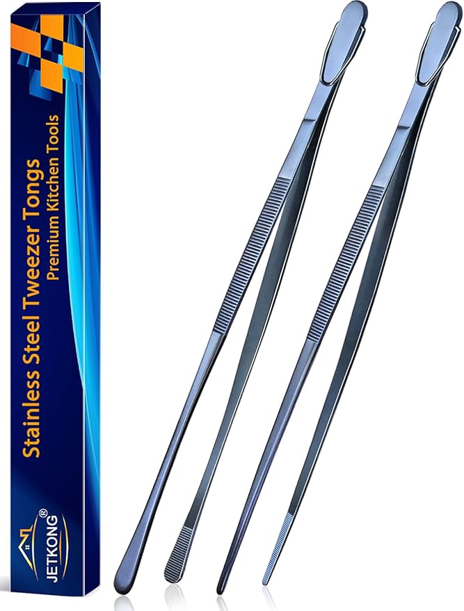 Tongs 14-Inch Stainless Steel Cooking Tweezers, Navy Blue, 2-Pack