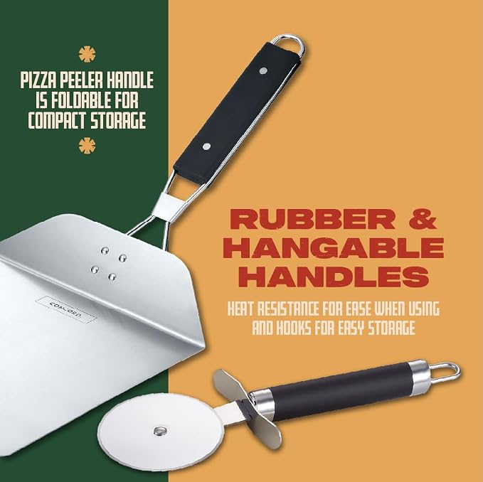 Concord 3 Piece Pizza Stone, Pizza Peel, Pizza Cutter, - Image 4