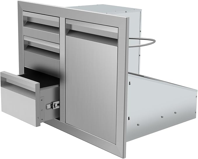 Outdoor Kitchen Drawer Combo, Stainless Steel Triple Drawers & 2 Trash Can by OLIPIC