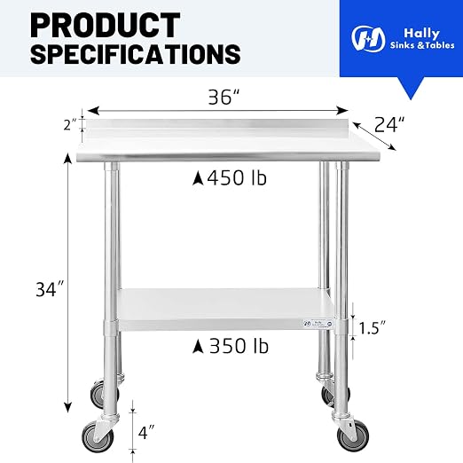 Hally Stainless Steel Table for Prep & Work 24 x 36 Inches - Image 3