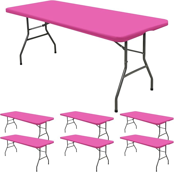 6 Pack Fitted Tablecloth for 8 Foot Rectangle Tables, Hot Pink Elastic Outdoor by REWOMC