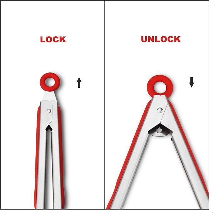 Kitchen Tongs, 304 Stainless Steel with Locking Clip in Red