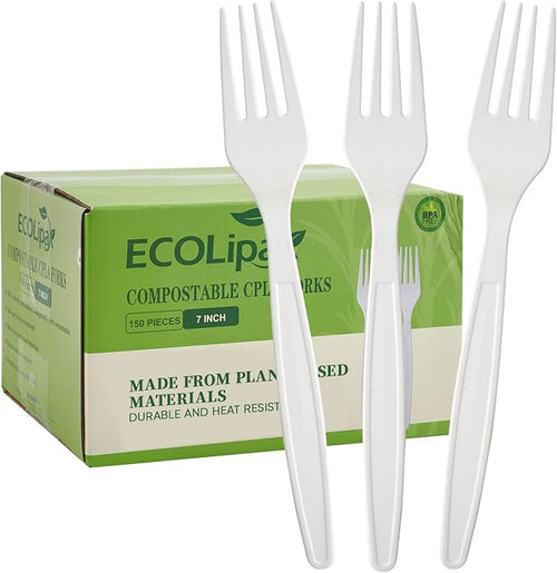 ECOLipak 100% Compostable Forks 150 Pack, 7 Inch Large Size Biodegradable by ECOLipak