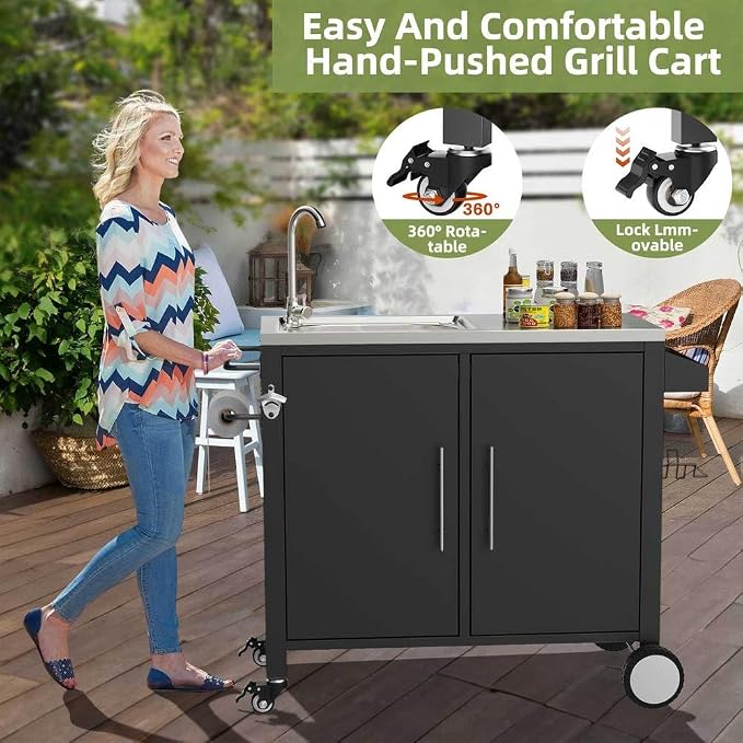 Outdoor Grill Cart with Storage, Movable Prep Cart with 304 Stainless Steel - Image 4