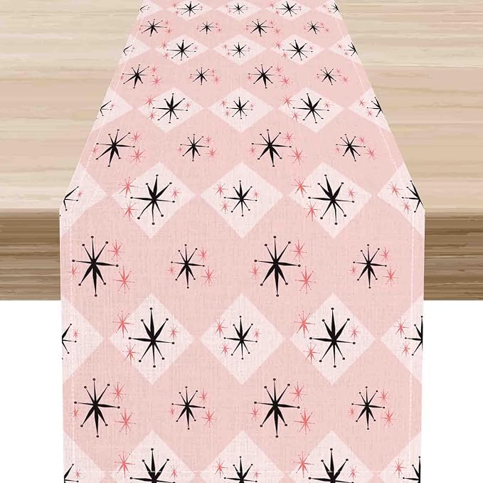 Pink Table Runner, Retro Mid Century 1950s Checkered Modern Abstract Geometric by Unknown