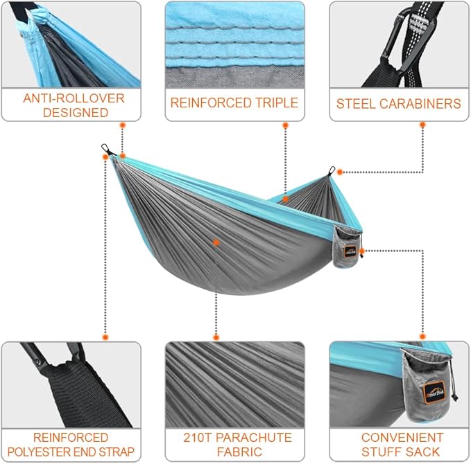 Camping Hammock with 210T Parachute Nylon, 500 lb Capacity, Grey and Blue