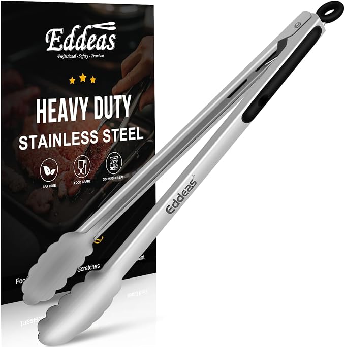 Grill Tongs, 17 Inch Extra Long BBQ Tongs, Heat Resistant 600 Degrees Stainless by Eddeas