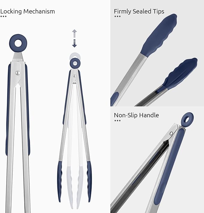 Tongs with Silicone Tips, Locking Stainless Steel, Midnight Blue