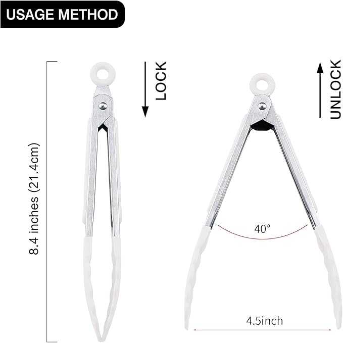 Tongs Set of 3 Stainless Steel Silicone Heads, 7 Inch, Snow White