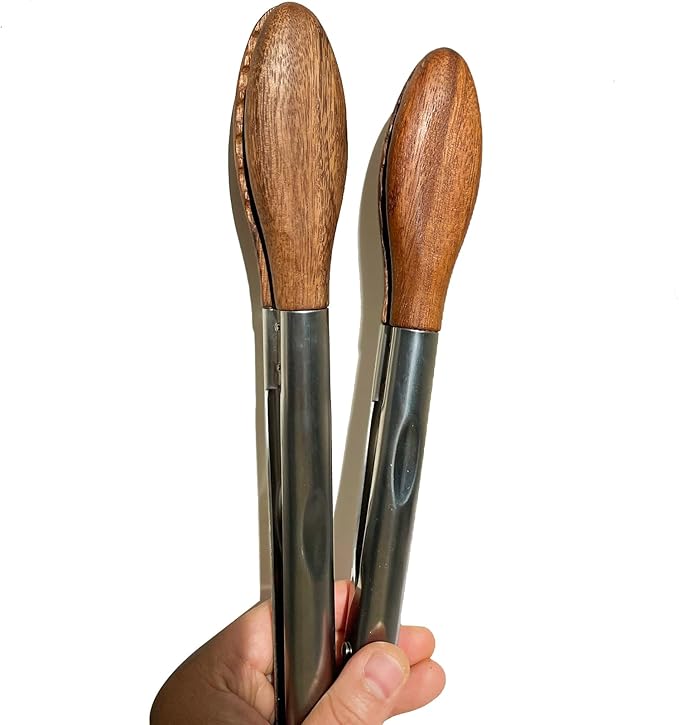 Tongs with Wood Tips, Stainless Steel Handle, 15-Inch Natural Retro Design