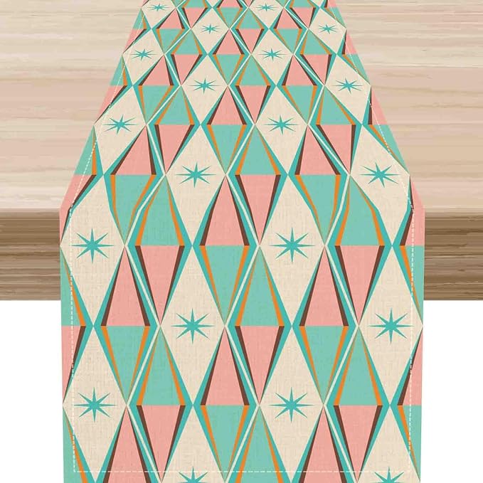 Geometric Table Runner, Retro Mid Century 1950s Modern Abstract Teal Pink by Unknown