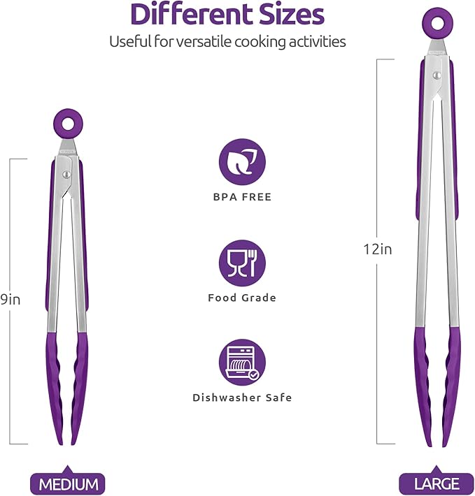 Tongs with Silicone Tips, Locking Stainless Steel, Purple