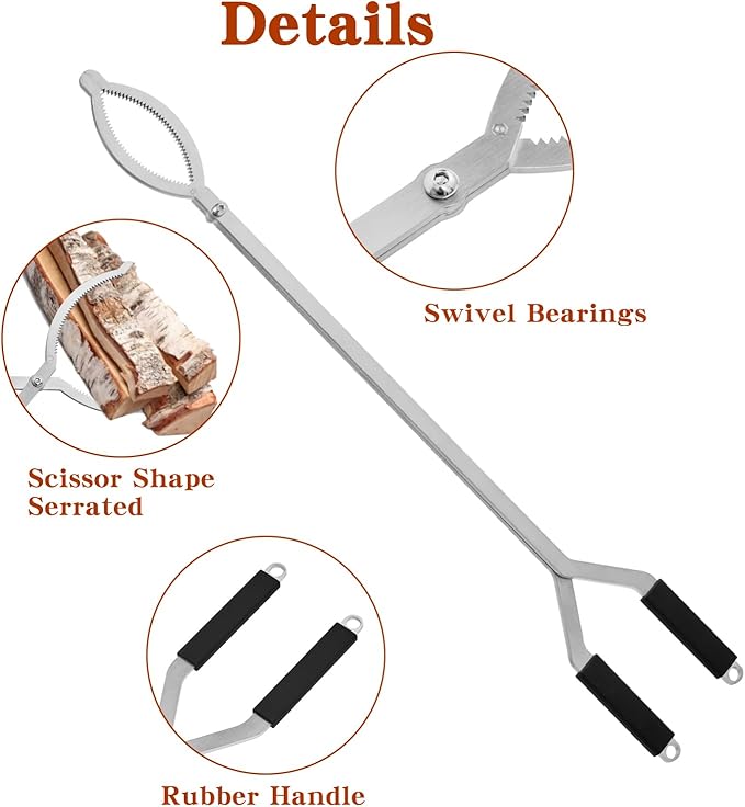Tongs Set: 2-Piece Stainless Steel Log Grabber and 40-Inch Fire Poker