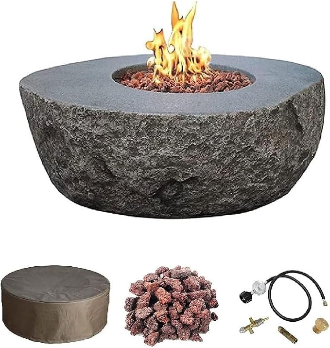 Elementi | Boulder Gas Fire Pit Cast Concrete Semi-Round Fire Table, Outdoor by AMSFireplaceInc