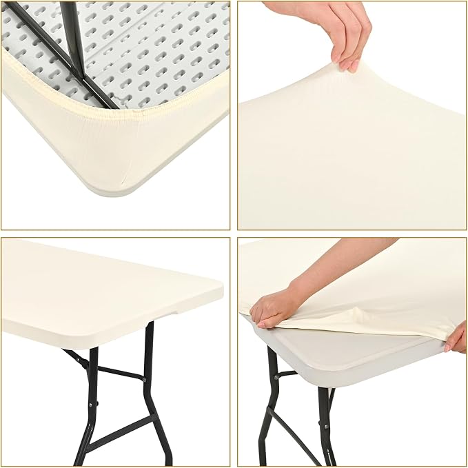 10 Pack Fitted Tablecloth for 6 Foot Rectangle Tables, Ivory Elastic Outdoor - Image 6