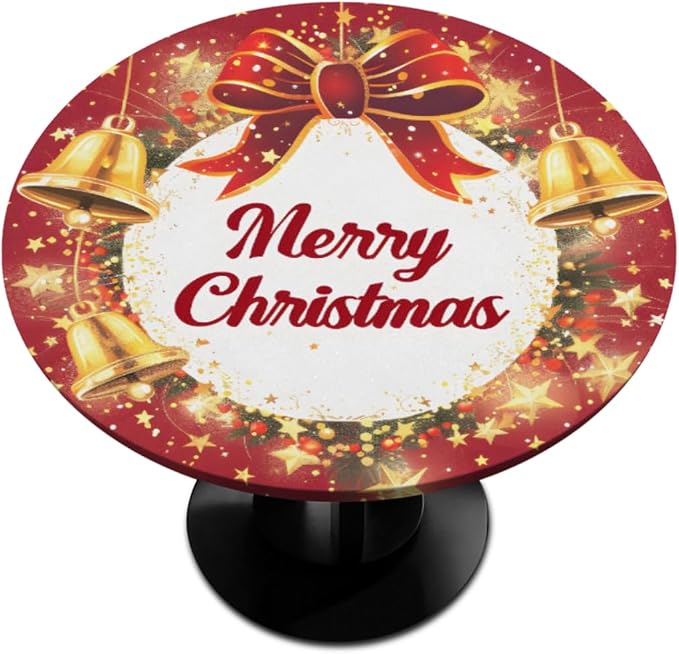 Merry Christmas Bell Bow Round Table Cloth Cover, Elastic Edge Waterproof by ModaQua