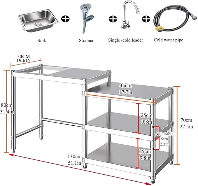 Free Standing Utility Sink, Stainless Steel Kitchen Baker Rack Shelf, Single - Image 7