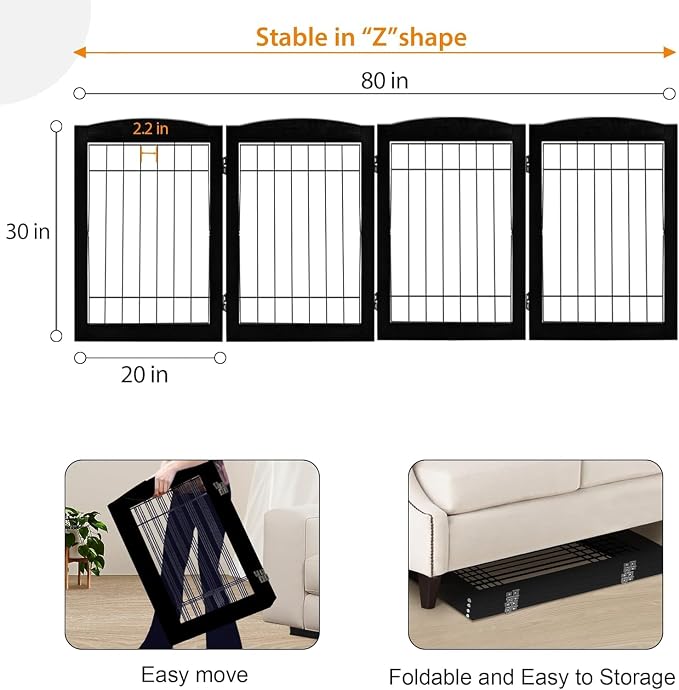 LZRS 4-Panel Freestanding Wooden Dog Gate—Extra Wide 30” Tall Foldable Pet - Image 3