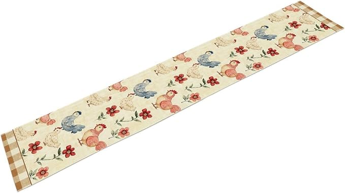 Farmhouse Rooster Table Runner, Rustic Farm Chicken Brown Plaid Flower Plant - Image 6