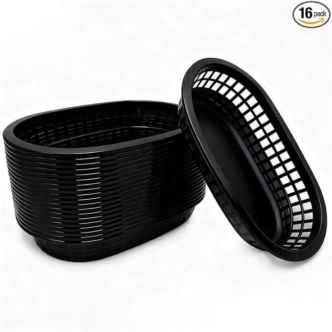 Fast Food Baskets 16-Pack, 10 x 6 Inch Plastic Oval Serving Baskets by Unknown