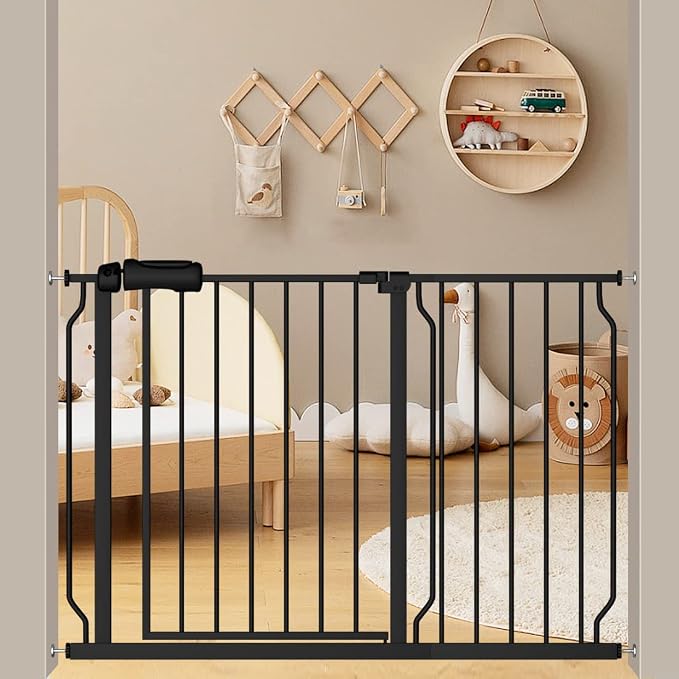 Walk Through Black Baby Gate 43.5-48 Inch Wide, Pressure Mounted Safety by FlowerFrail