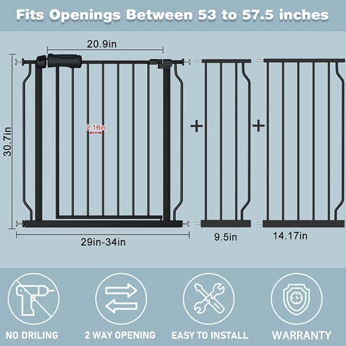 Extra Wide Baby Gate Black 53-57.5 Inch Wide Walk Through Pressure Mounted No - Image 2