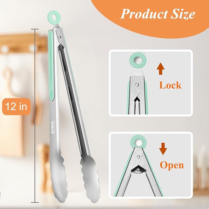 Tongs with Locking Ring, 12-Inch Food-Grade Stainless Steel, Mint Green