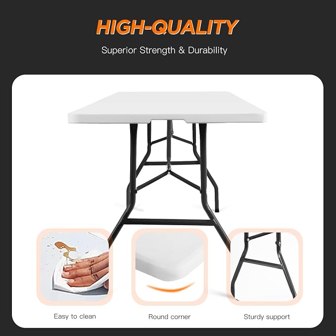 BestOffice 8FT Picnic Table Folding Table Camping Table Plastic Table Fold Up - Image 4