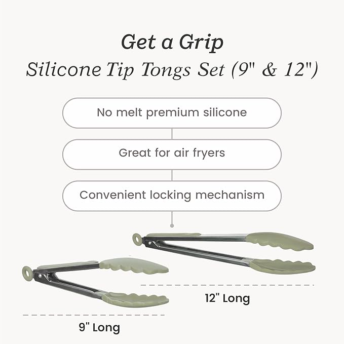 Locking Tongs, 9 and 12 Inch Silicone Set in Sage Green