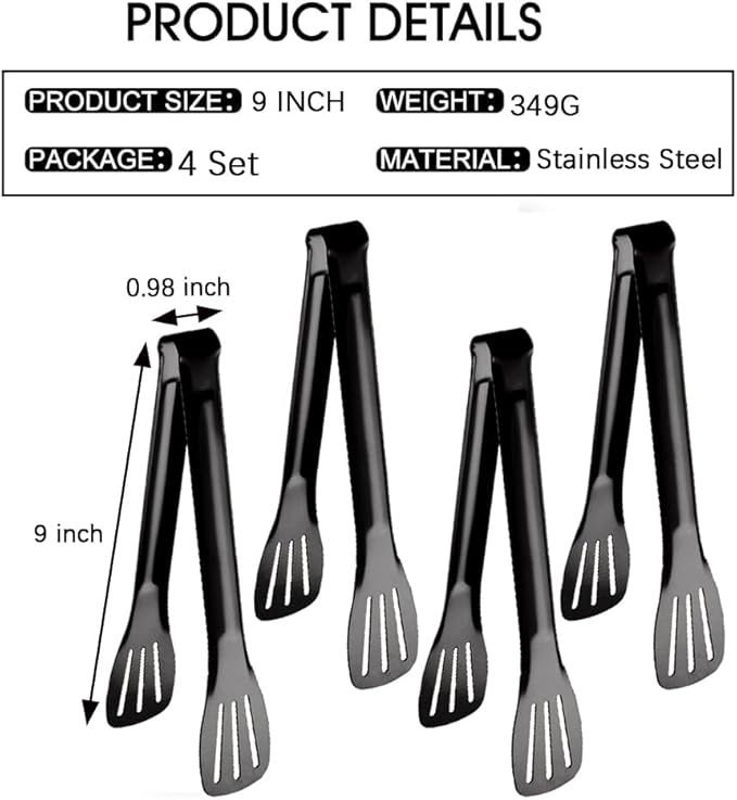Serving Tongs 4 Pack, 9 Inch Black Stainless Steel Buffet Tongs