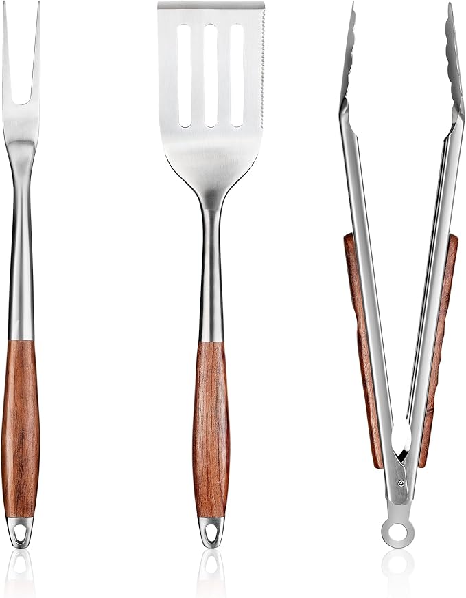 Barbecue Tool Set, 304 Stainless Steel, Rosewood Handle, 3-Piece